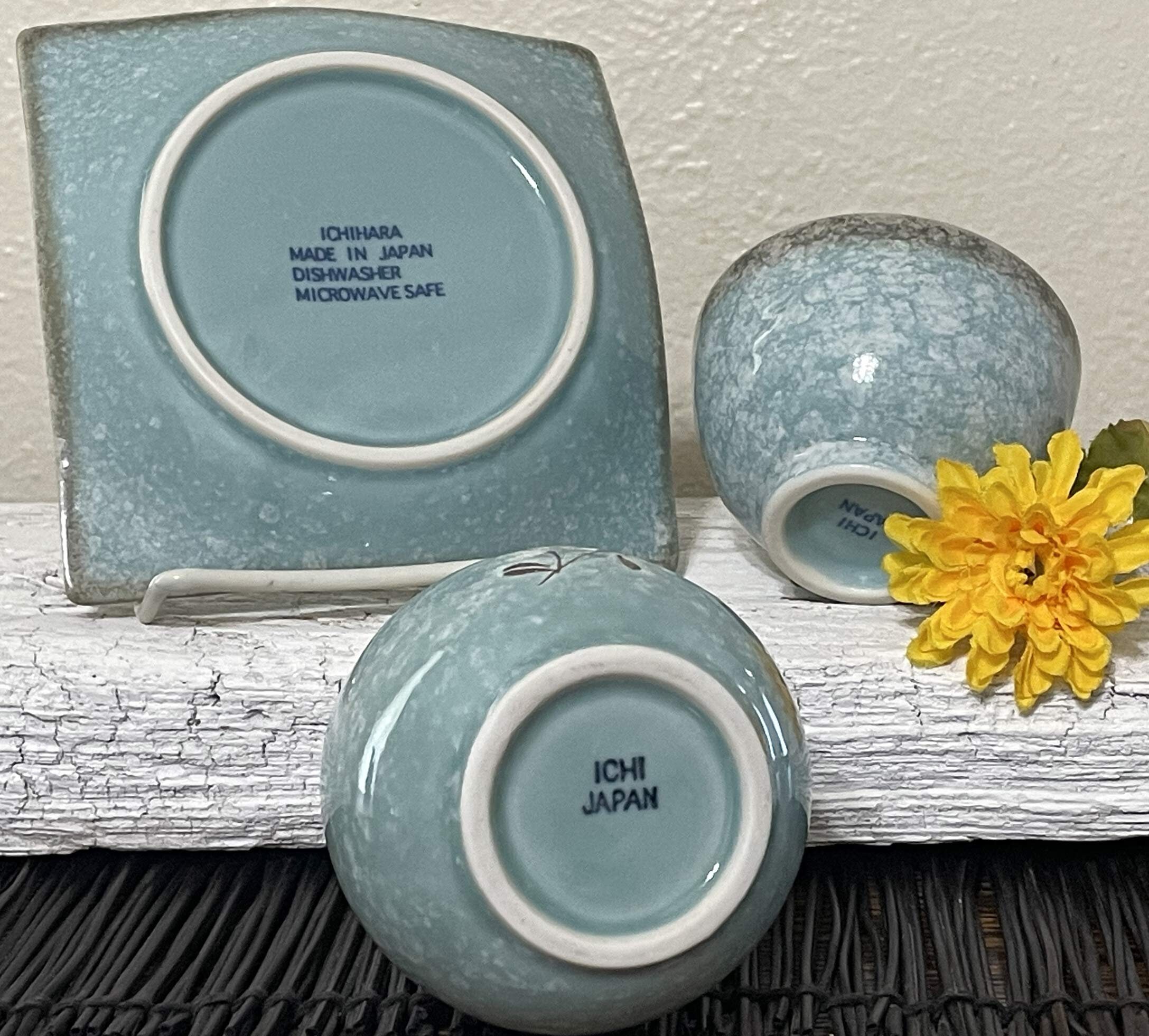 Vintage Ichihara Sake Set, Pale Turquoise Blue Sponge Glaze