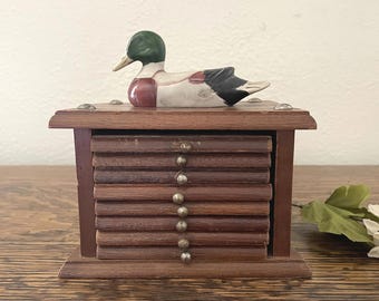 Vintage Wooden 8 Coasters Set With Holder, Duck Topper, Albert E Price 1982, Taiwan, Wood & Cork Drink Pads, Barware