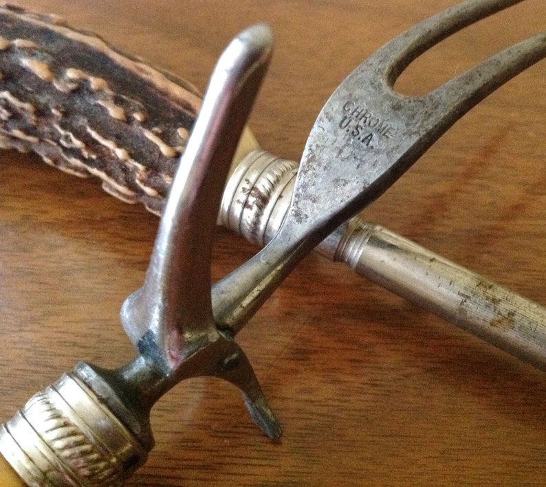 Vintage Large Faux Antler Handled Steak Fork, Knife Sharpener Set, Mid Century Cooking, Dining, Serving, BBQ Utensils, Chrome USA image 6