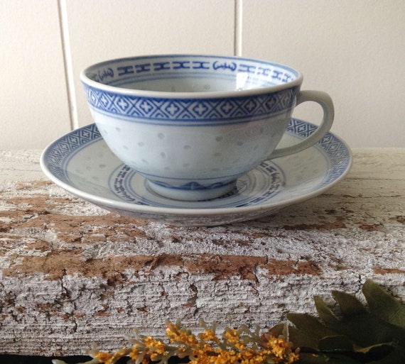 7 Chinese Rice Grain Dragon Tea Cup Saucer Sets Blue White Etsy