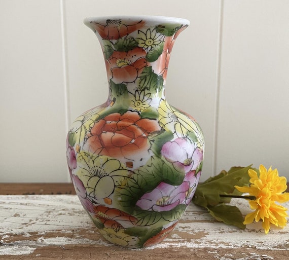 Small Flowered Chinese Vase, Peonies, Gold Accents, Airbrushed