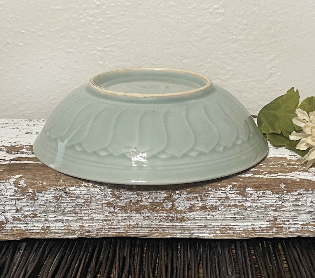 Vintage Celadon Green Flower Bowl, Low, Shallow, Creamy Pale Seafoam