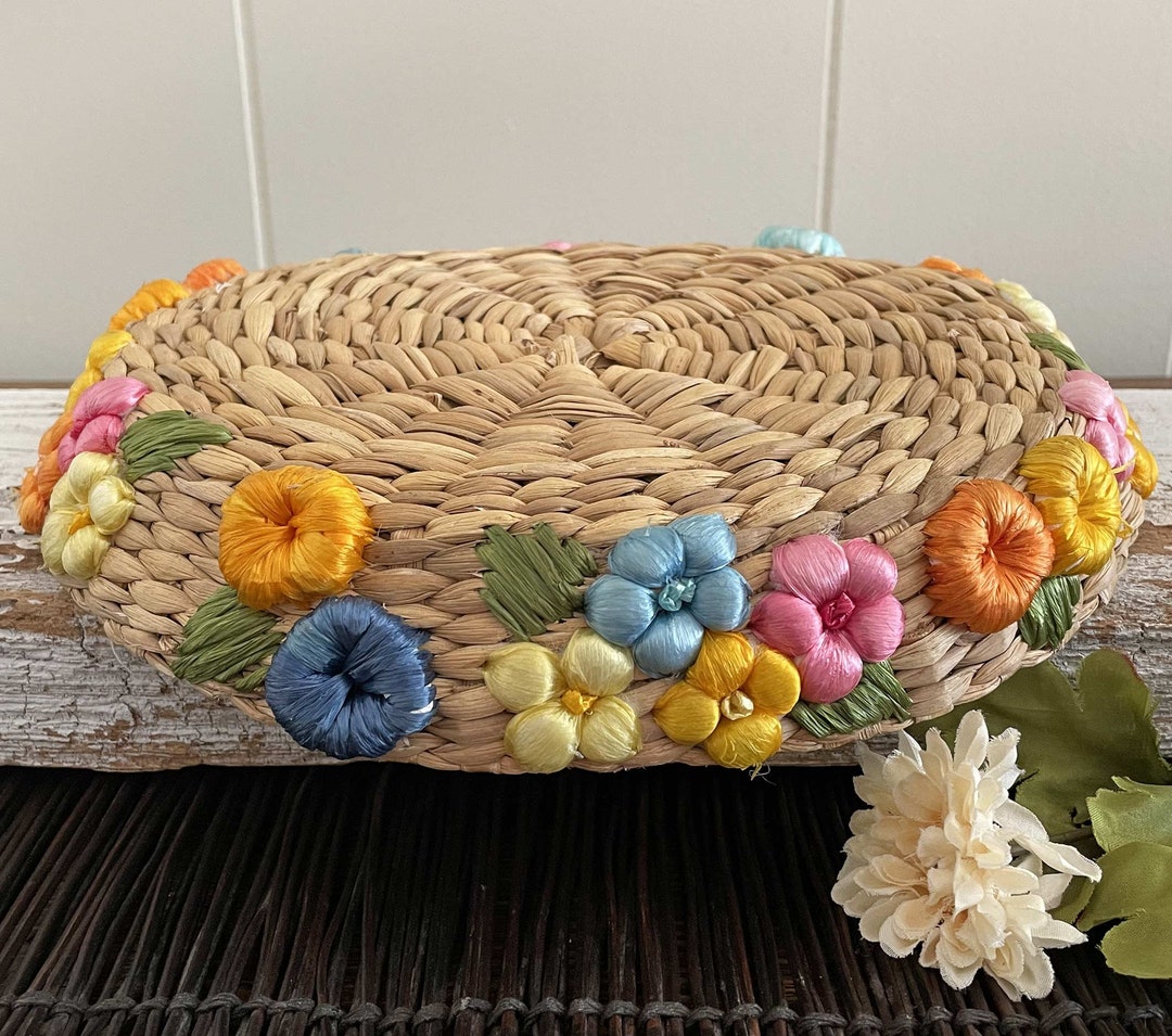 Vintage Decorated Straw Paper Plate Holder Burlap Liner Etsy