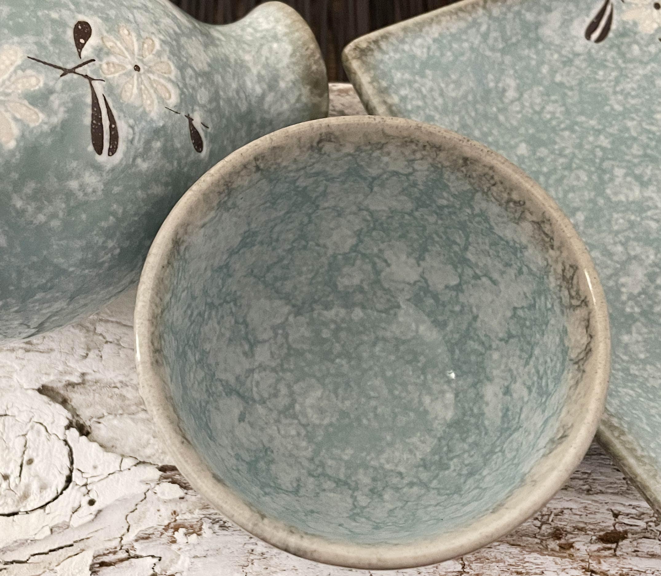 Vintage Ichihara Sake Set, Pale Turquoise Blue Sponge Glaze