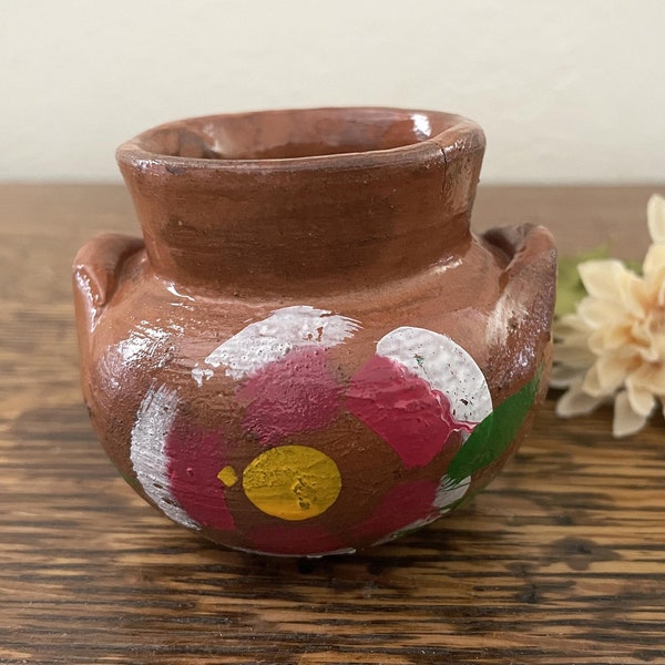 Mini Vintage Mexican Pottery Bean Pot, Handled Jug, Hand Painted Red Terra Cotta Little Succulent Pot, Vase, Kitchen Knickknack, Mexico