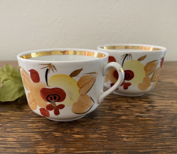 SET Of 2 Vintage China Coffee, Tea Cups, Hand Painted Red, Yellow, Peach Flowers, Leaves, Gold Accents, Details, Bands, Blue Backstamps, 2