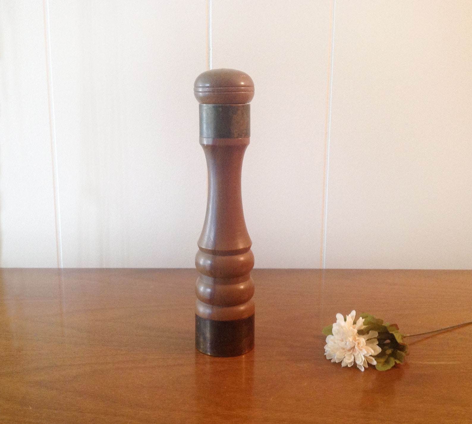 Tall Carved Wooden Salt Shaker Screw on Top Metal Bands Mid Etsy