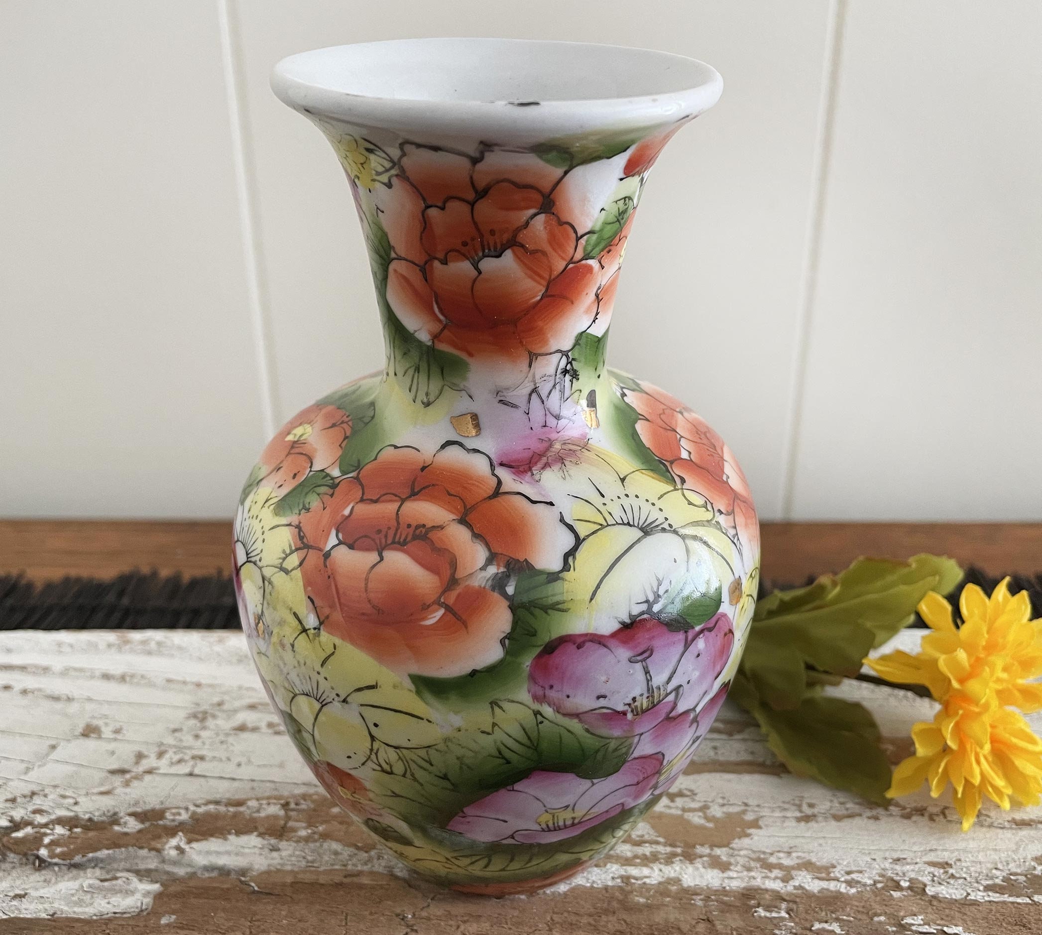 Small Flowered Chinese Vase, Peonies, Gold Accents, Airbrushed