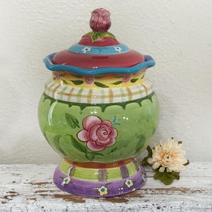 Vintage Sue Zipkin Certified International Large Covered Canister, Rosebud, Sealing Lid, Hand Painted Colorful Storage Jar, 9" Tall