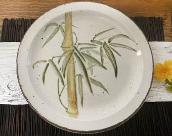 SET Of 2 Stonehenge Midwinter Rangoon Dinner Plates, Speckled English Stoneware, Green, Yellow Bamboo, White, Brown Large Plate, England, 2
