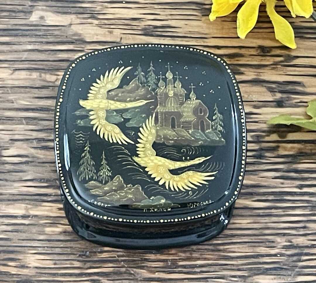 Vintage Russian Lacquer Mini Trinket Box, Original Packaging, Bright