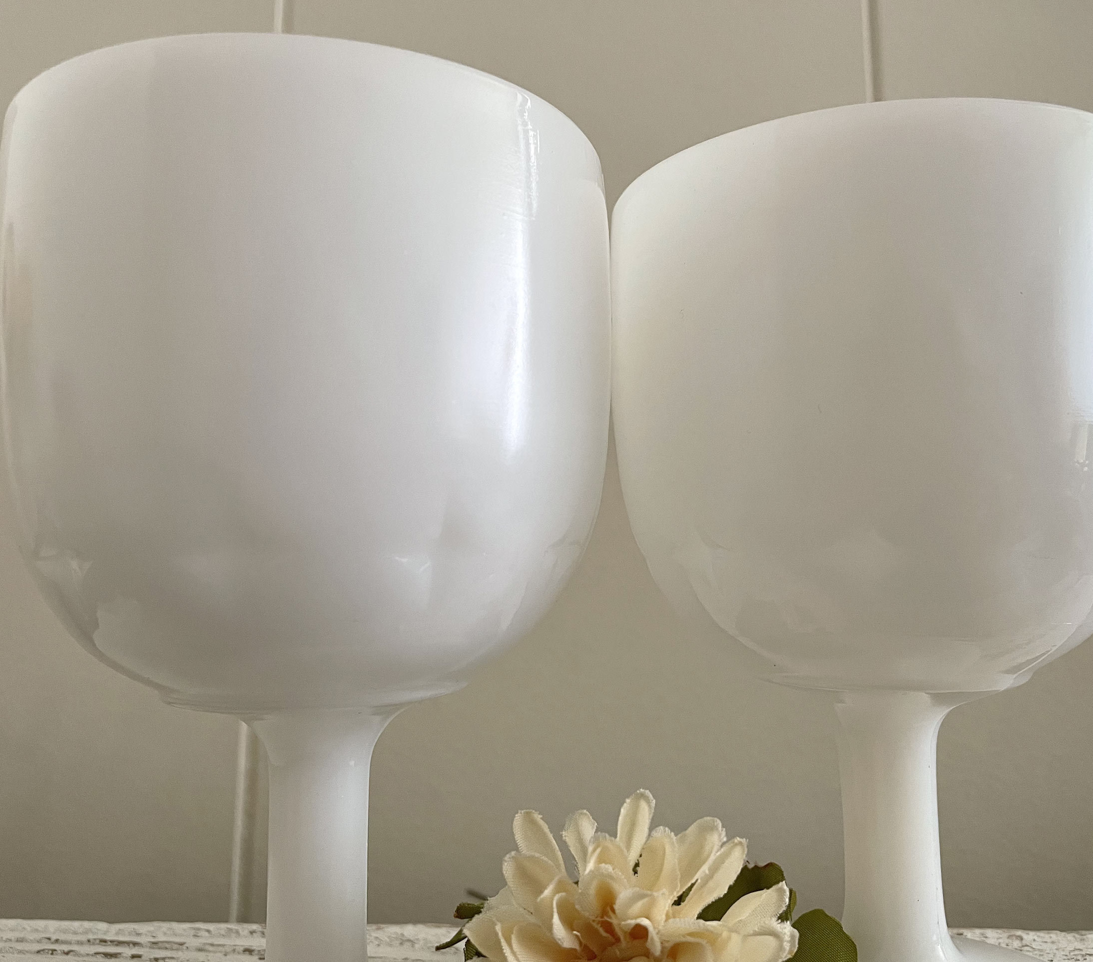 SET of 2 Large Milk Glass Goblets, Pedestal Glasses, Translucent