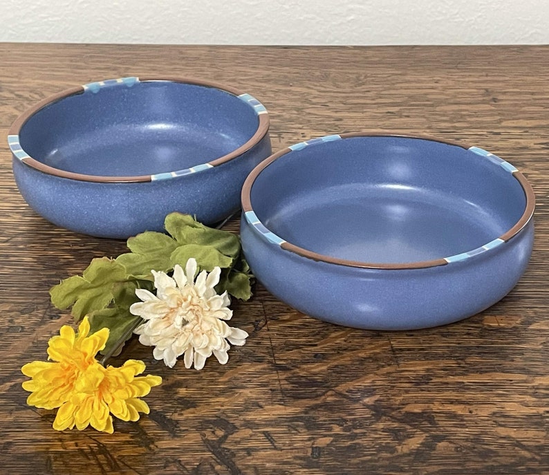 SET Of 2 Dansk Mesa Blue Cereal Soup Bowls, Rust, Turquoise Bands, Southwestern Small Shallow Stoneware Pottery Bowls, KW Portugal, 2 image 2