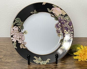 SET Of 2 Vintage Fitz And Floyd Cloisonné Peony Bread Plates, Flowers, Leaves, Gold Trim, Shiny Black Band, 1979 Small Plate, Japan, 2