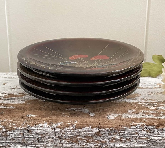 【阿源】漆・高台 【AYuan】 Lacquer Plate or Dish 4 Brown Japanese Lacquer Ware Dessert, Display Plates