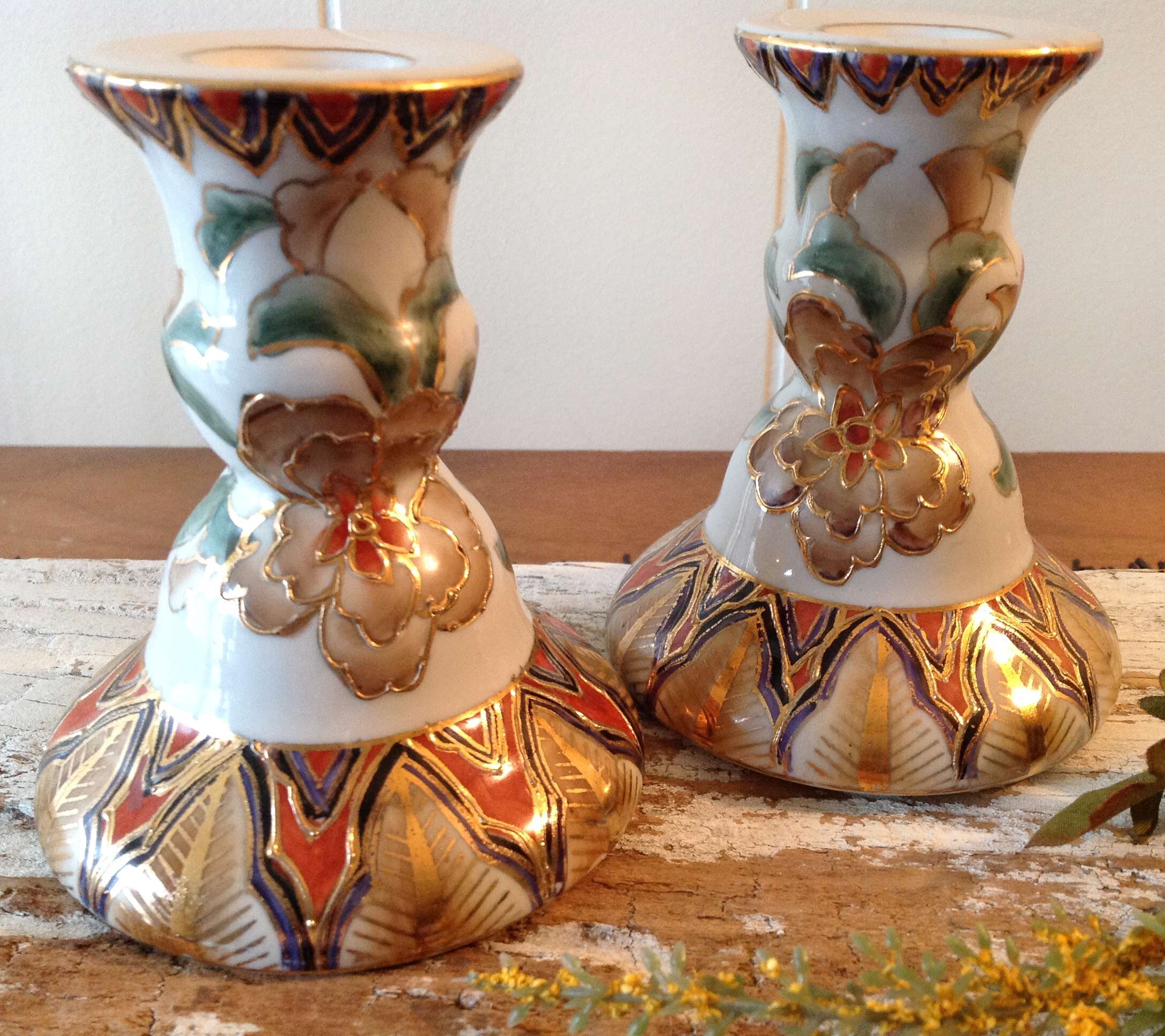 Vintage Chinese Porcelain Candlestick Holders Hand Painted Etsy UK