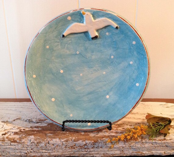Brownish Button Handmade Studio Pottery Plate Seagull Bird Etsy