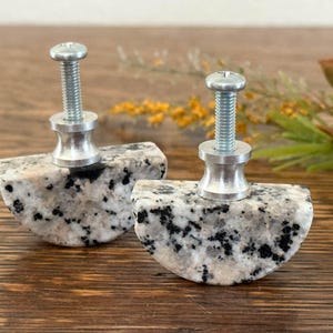 SET/2 Speckled Granite Drawer Pulls With Hardware, Half Circle Knobs, Gray, Black, Pink Flecks, Polished Natural Stone 1 5/8" Wide (2)