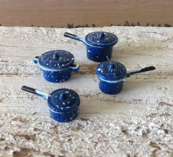 Vintage Tiny Miniature Enamel Ware Pots Set, Blue Spatter Ware