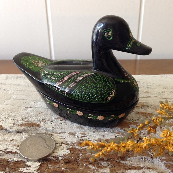 Vintage Lacquer Ware Hand Painted Duck Trinket Box, Covered Ring Dish, Shiny Black, Green, Pink Details, Decorative Wood Bird Cachepot