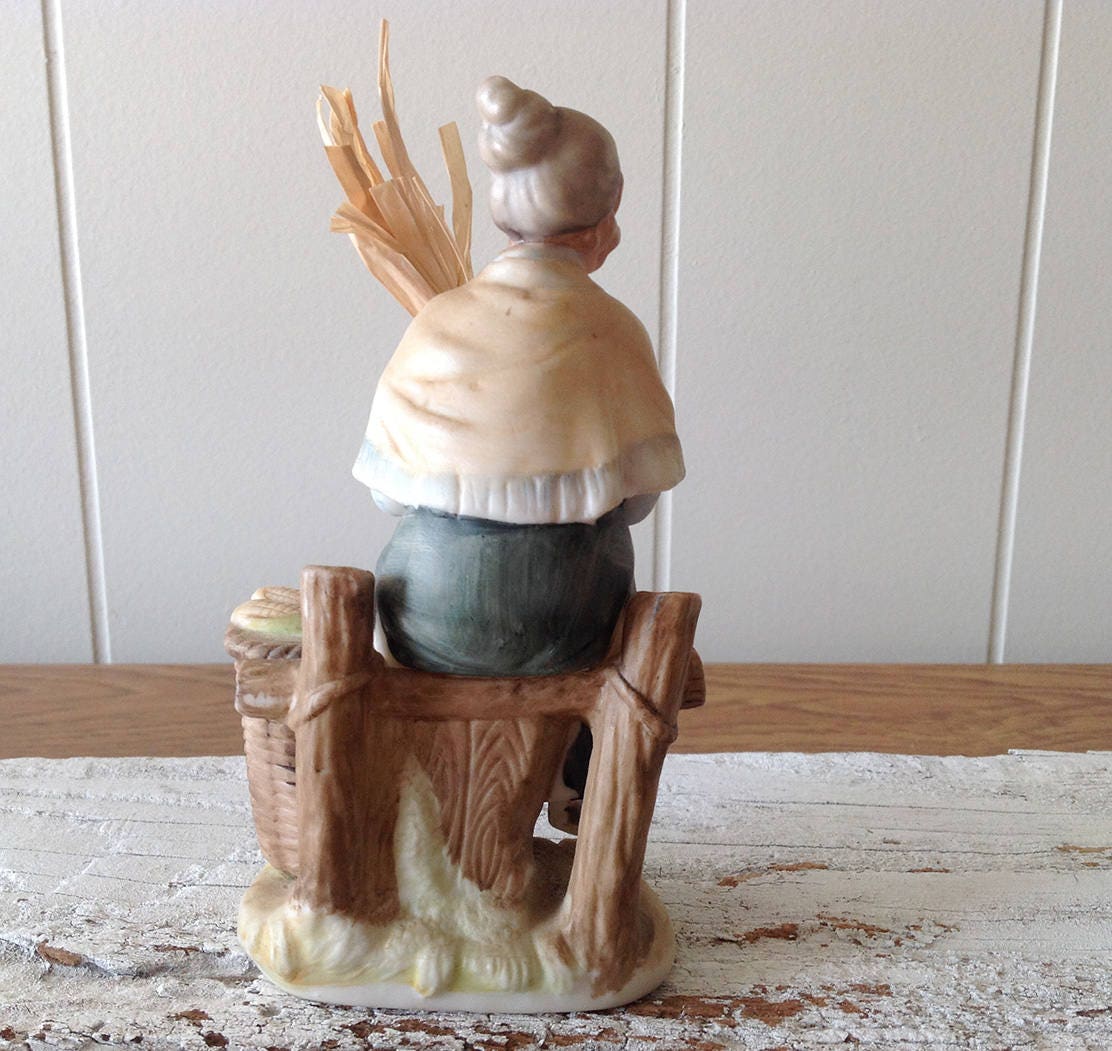 Japanese Porcelain Figurine, 1960s, Old Woman With Corn