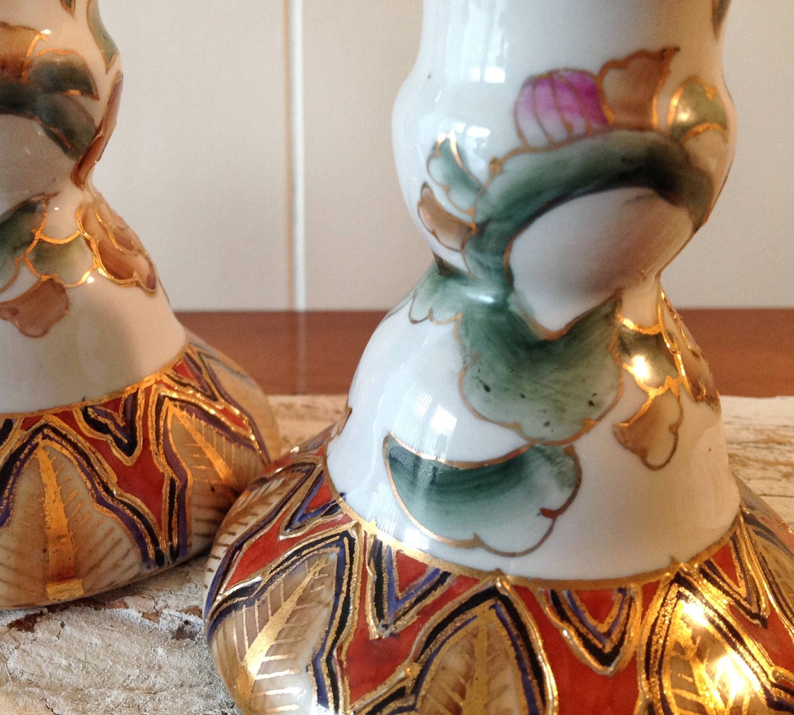 Vintage Chinese Porcelain Candlestick Holders Hand Painted Etsy