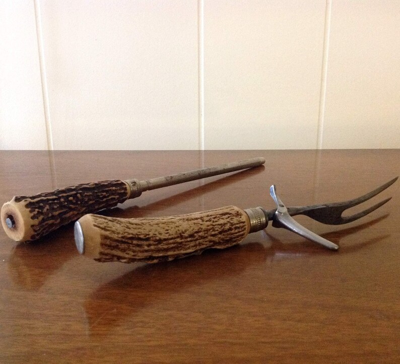 Vintage Large Faux Antler Handled Steak Fork, Knife Sharpener Set, Mid Century Cooking, Dining, Serving, BBQ Utensils, Chrome USA image 8