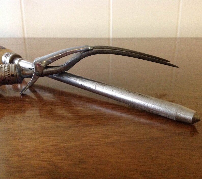 Vintage Large Faux Antler Handled Steak Fork, Knife Sharpener Set, Mid Century Cooking, Dining, Serving, BBQ Utensils, Chrome USA image 9