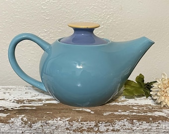Vintage Takahashi Color Block Small Turquoise Teapot, Blue & Yellow Lid, Colorful Hand Decorated Tea Steeping Kettle, Japan