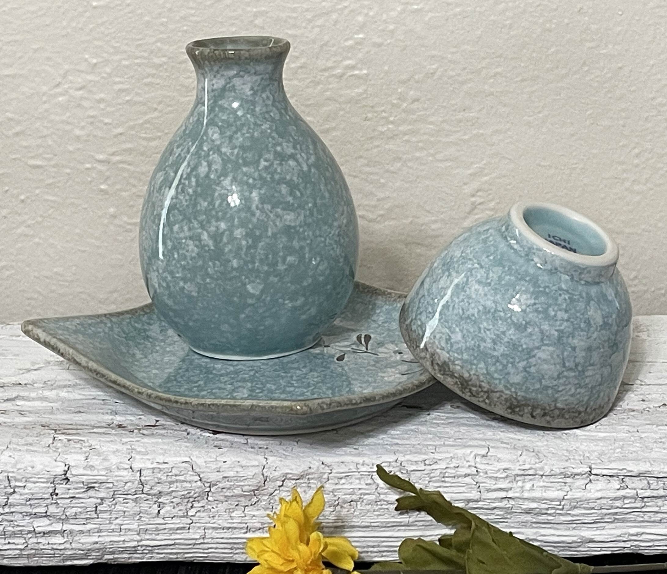 Vintage Ichihara Sake Set, Pale Turquoise Blue Sponge Glaze
