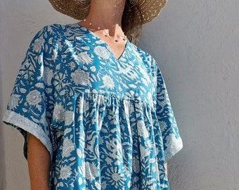 kaftan dress in cotton, blue floral pattern