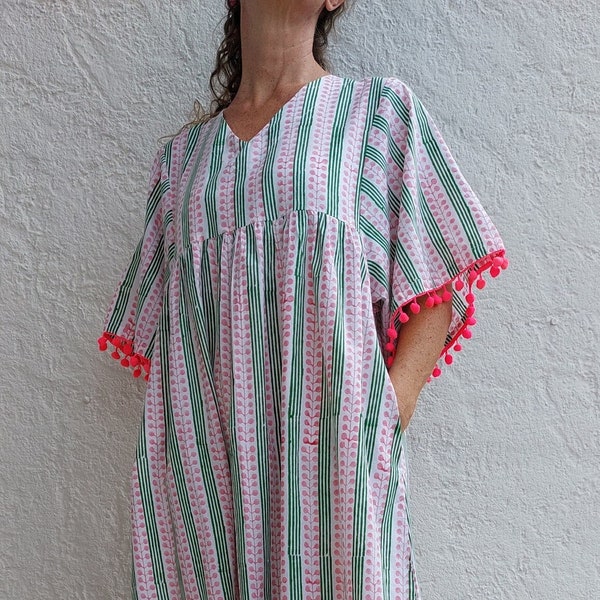 kaftan dress in cotton, green stripes pattern