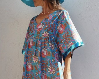 kaftan dress in cotton, turquoise-orange floral pattern