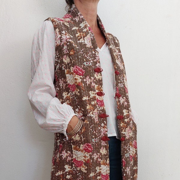 long waistcoat in cotton brown-pink floral pattern