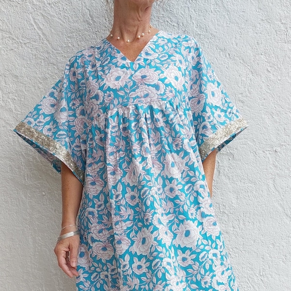 turquoise kaftan dress in cotton