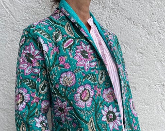 open jacket in cotton,green-blue floral pattern