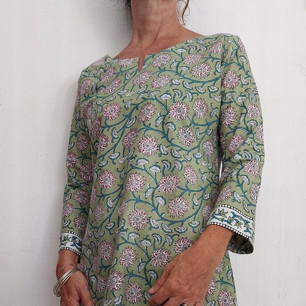 tunic dress in cotton,scrools green block print