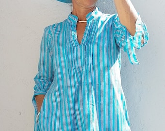 pleat tunic-dress in cotton, turquoise stripes pattern
