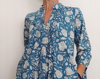 pleat tunic-dress in cotton, blue-white