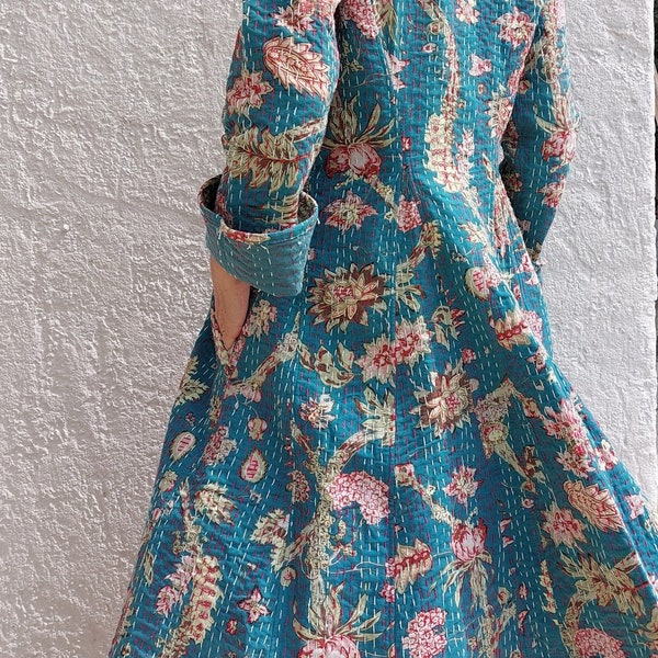 frock coat in cotton emerald green floral pattern