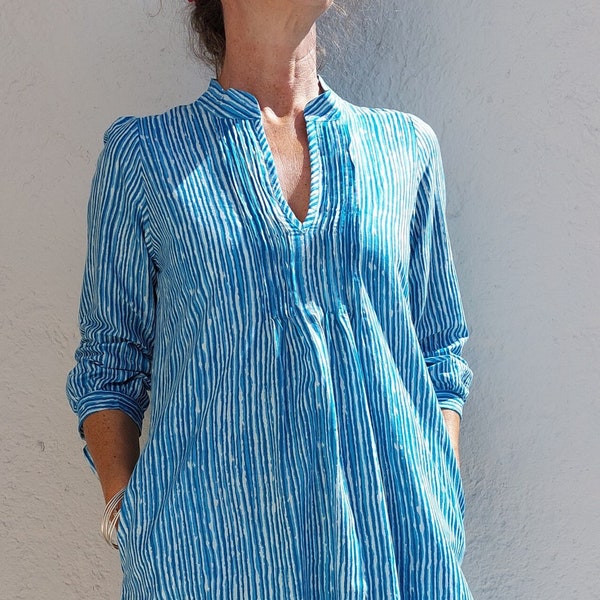 pleat tunic-dress in cotton, blue stripes pattern