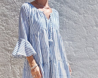 long dress in cotton, blue stripes pattern