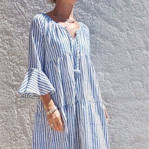 long dress in cotton, blue stripes pattern