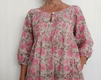 front pleated dress in cotton, pink floral block print