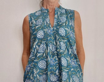 sleeveless tunic-dress,petrol blue floral pattern