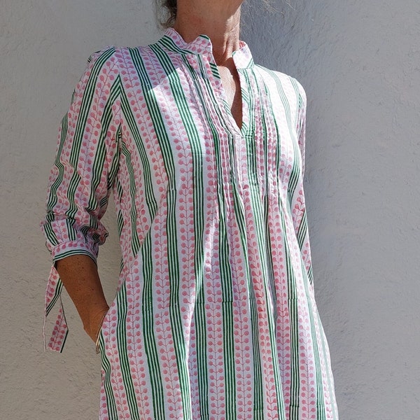 pleat tunic-dress in cotton, stripes pattern