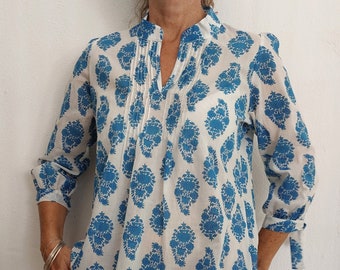 pleat shirt in cotton, turquoise paisley pattern