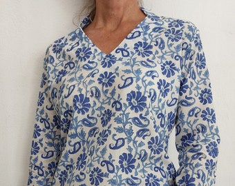 tuniek van katoen, blauw bloemmotief