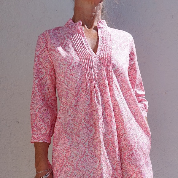 pink pleat tunic-dress in cotton