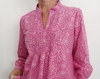 pleat shirt in cotton, pink block print